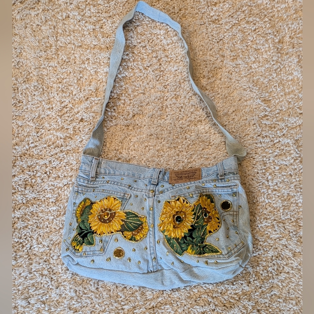 Repurposed Levi Jeans Denim Crossbody/Shoulder Bag Sunflowers - Picture 2 of 8